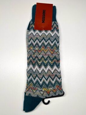 Missoni Teal Zigzag Pattern Men's Designer Dress Socks - NWT L/XL S/M